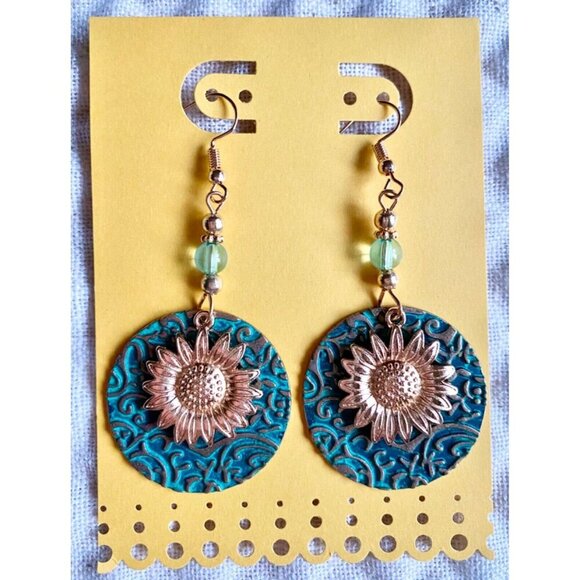New Aqua Circle Disk & Golden Sunflower Beaded Retro 90s Style Earrings - 2.75" - Picture 1 of 4